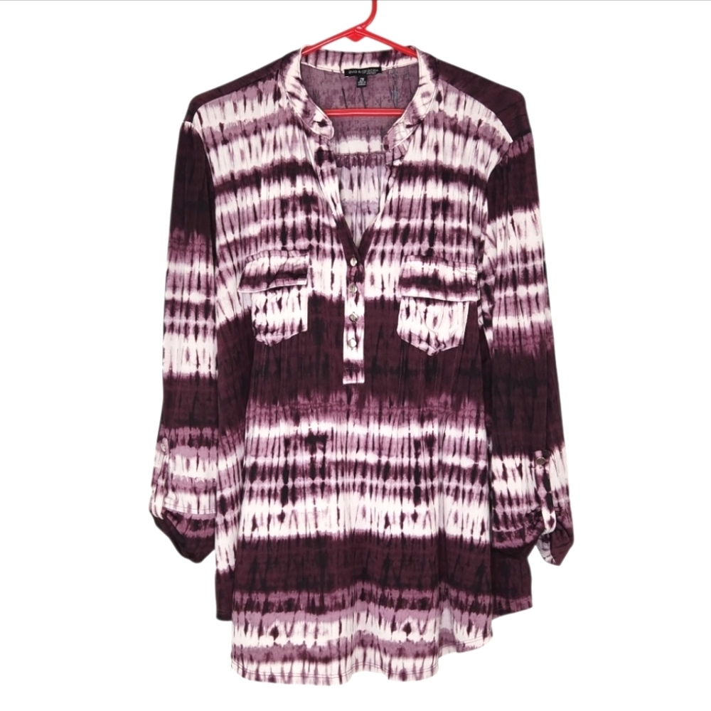 Ava & Grace Purple Tie Dye V Neck Roll Tab Sleeve Silky Stretch Tunic Size 2X